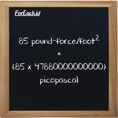How to convert pound-force/foot<sup>2</sup> to picopascal: 85 pound-force/foot<sup>2</sup> (lbf/ft<sup>2</sup>) is equivalent to 85 times 47880000000000 picopascal (pPa)